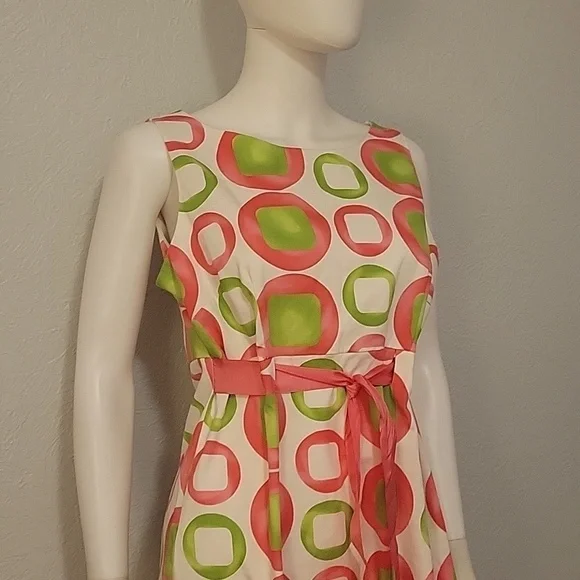 KIM ROGERS Pink Green Sleeveless Space Age Atomic Mod Tie Waist Dress Medium - Picture 4 of 7